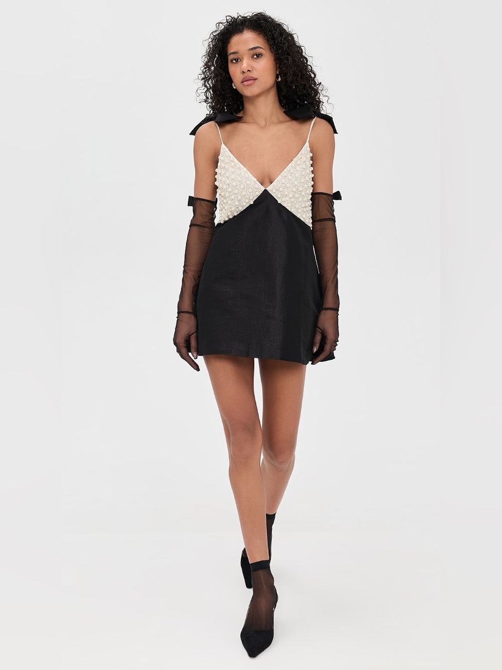For Love & Lemons Pearly Bow Black Satin Mini Dress Size Small NWT - Picture 3 of 17